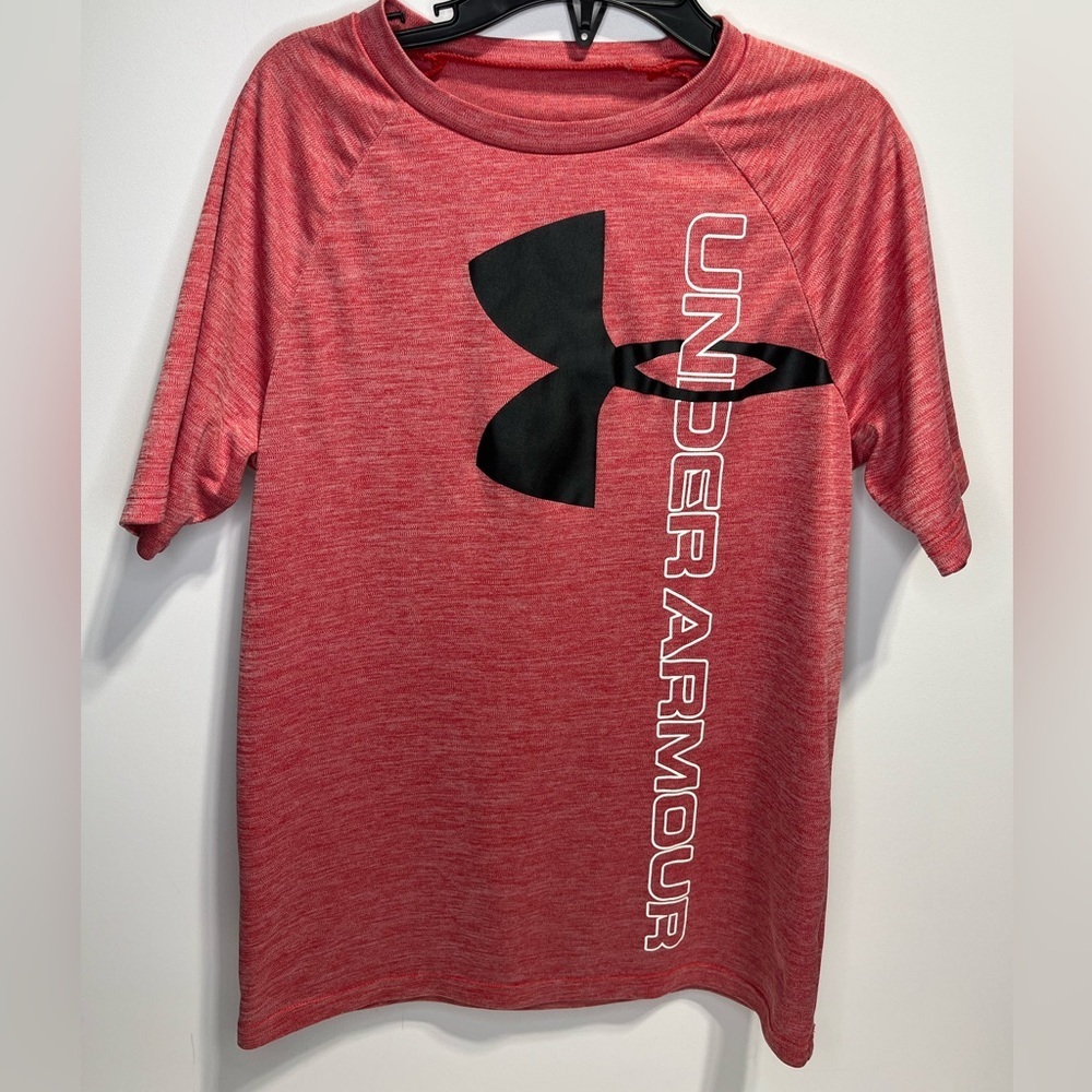 Under Armour Red Heather Short Sleeve Logo Tee Boys Medium